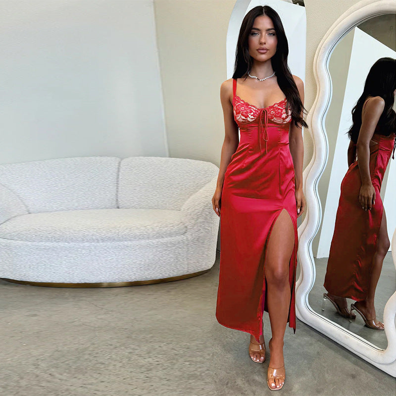 Maxi Dress Socialite Elegant Sexy Slim Satin Split Sling Dress Bella Mia