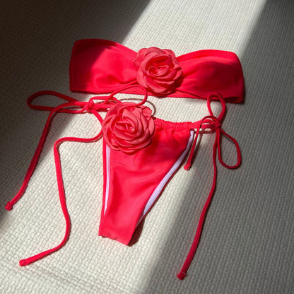 Solid Color Rose Tube Top Drawstring Strap Split Swimsuit Bikini