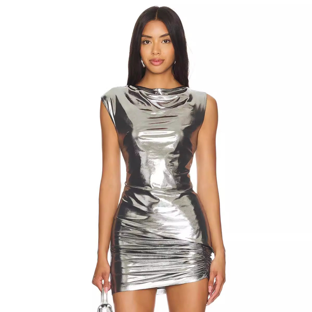 Sexy Shiny Silver Sleeveless Slim Hip Nightclub Party Two Piece Skirt Sets for Women Bella Mia