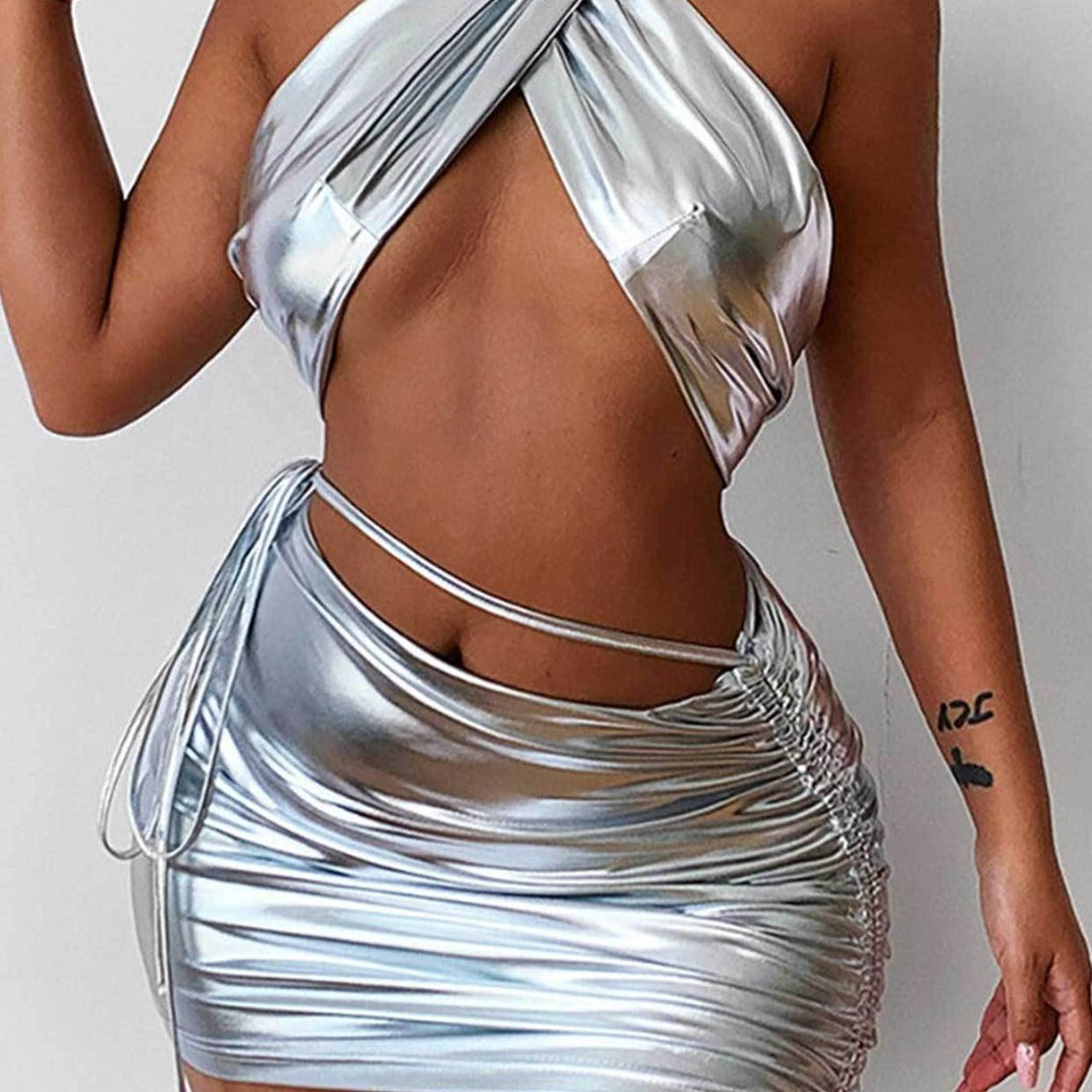 Solid Color Halter Cross Split Swimsuit Three Piece Hollow Out Cutout Cross Swimsuit Bella Mia