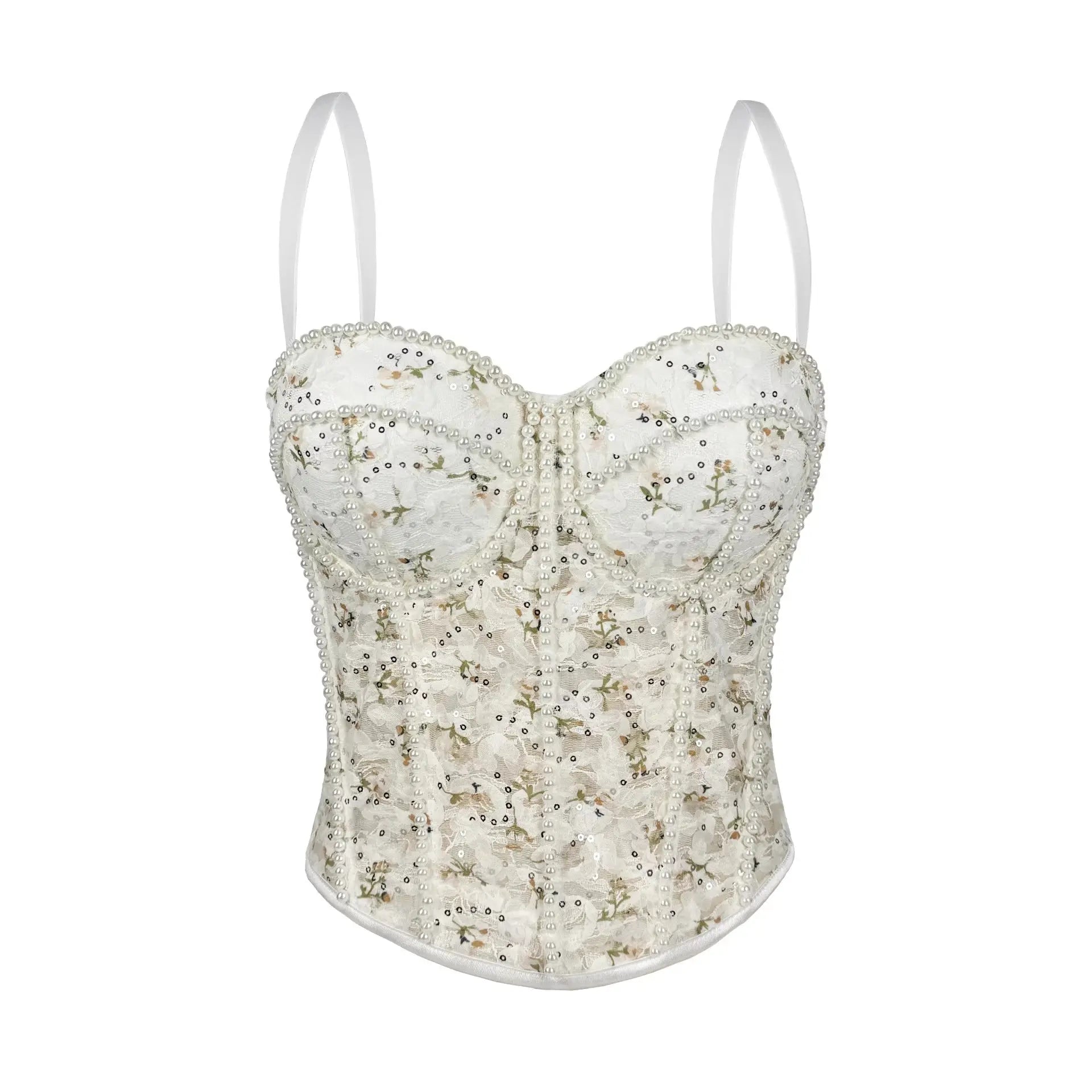 Floral Lace Pearl Embellished Crop Corset Top With Boning And Straps Bella Mia