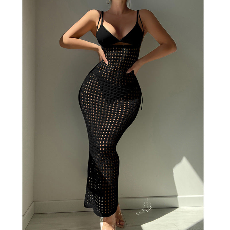 Women Knitted Camisole Hollow Out Cutout Texture Sexy Slim High Waist Maxi Dress Beach Cover up Dress Crochet hook Bella Mia