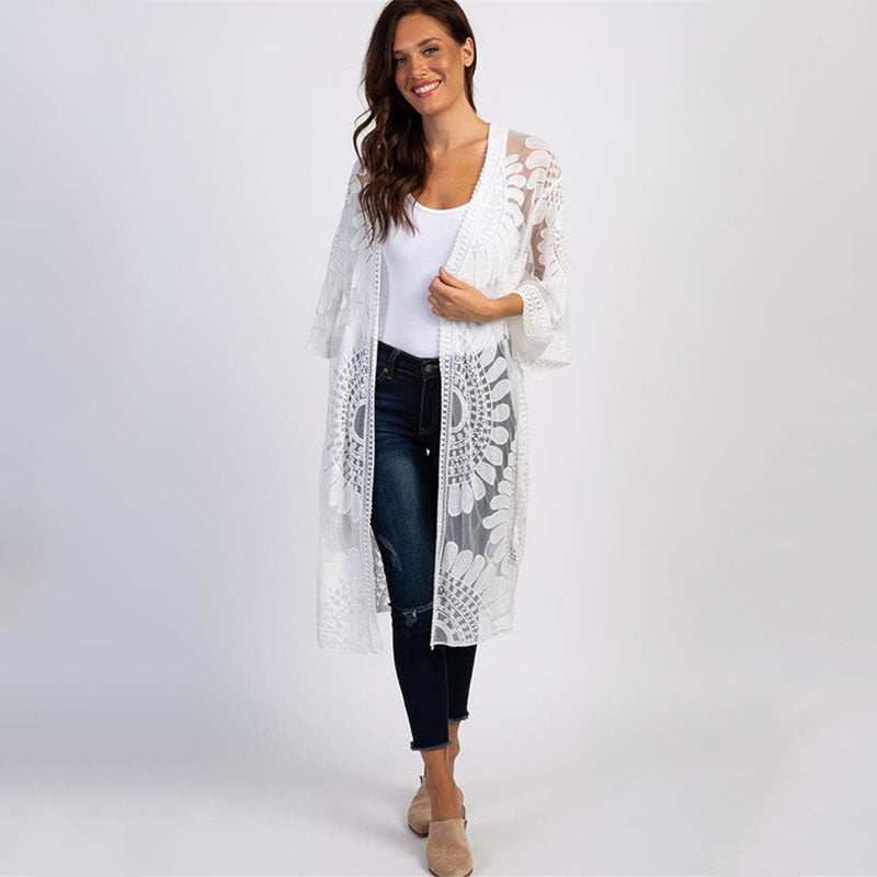 Lace Sunfower Embroidered Beach Cover-up Sexy Cardigan Outer Sunscreen Beach Cover Up Bella Mia