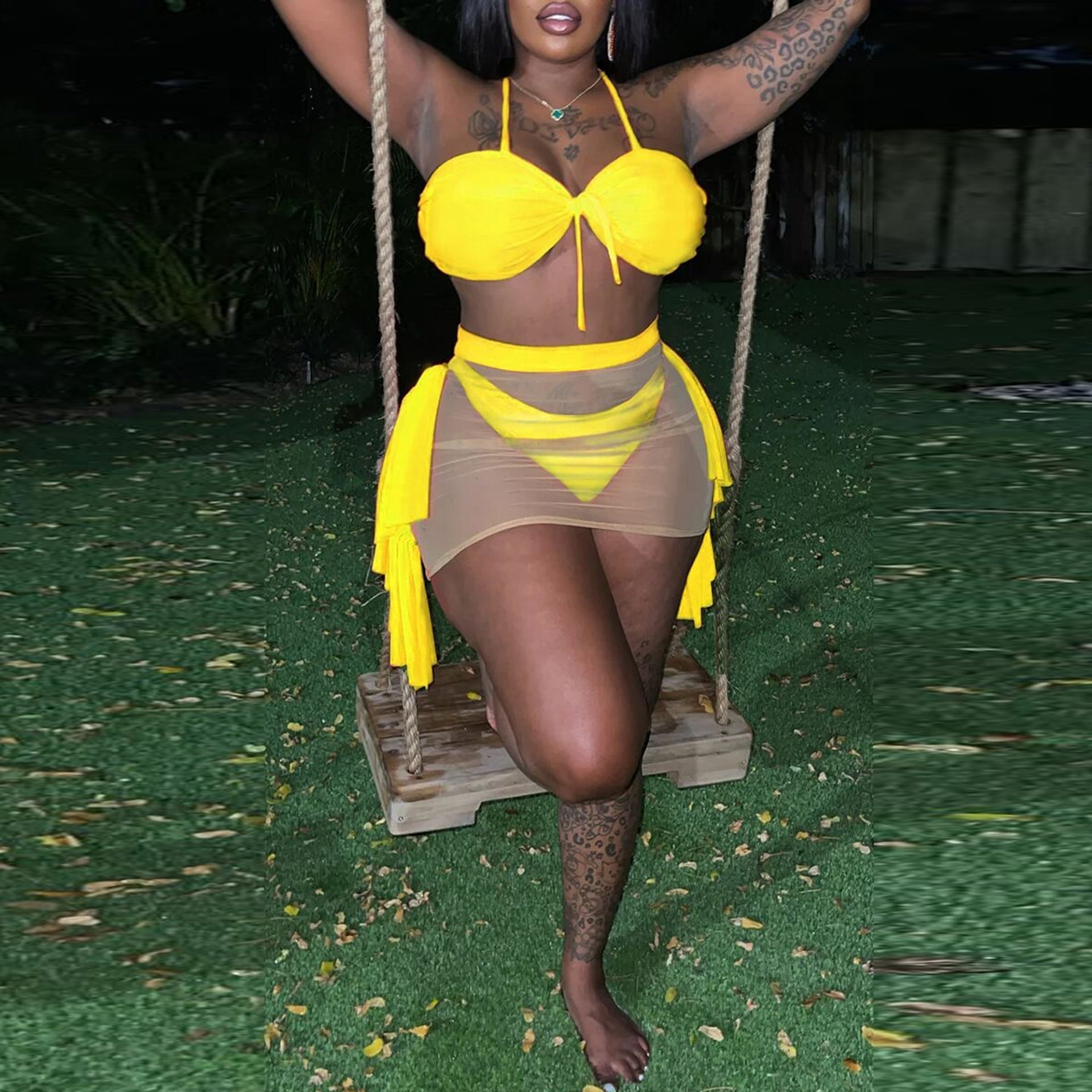 Sexy Solid Color Mesh Stitching See through Halter Strap Lace Swimsuit Three Piece Set Bella Mia