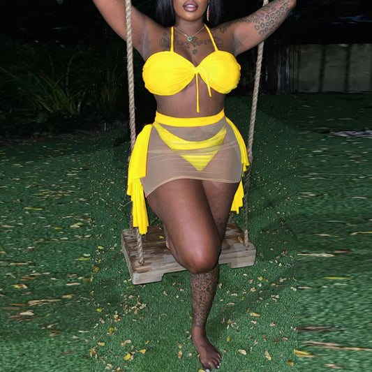 Sexy Solid Color Mesh Stitching See through Halter Strap Lace Swimsuit Three Piece Set Bella Mia