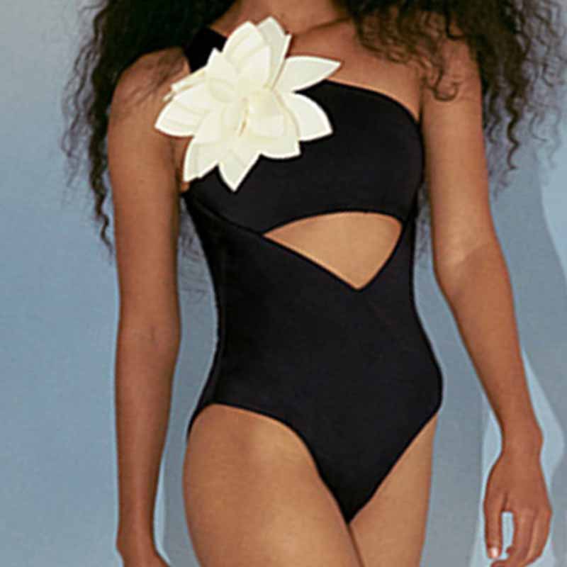 Solid Color Sexy One Shoulder Backless Three Dimensional Floral One Piece Briefs Women Swimsuit 3D Decoration Bella Mia