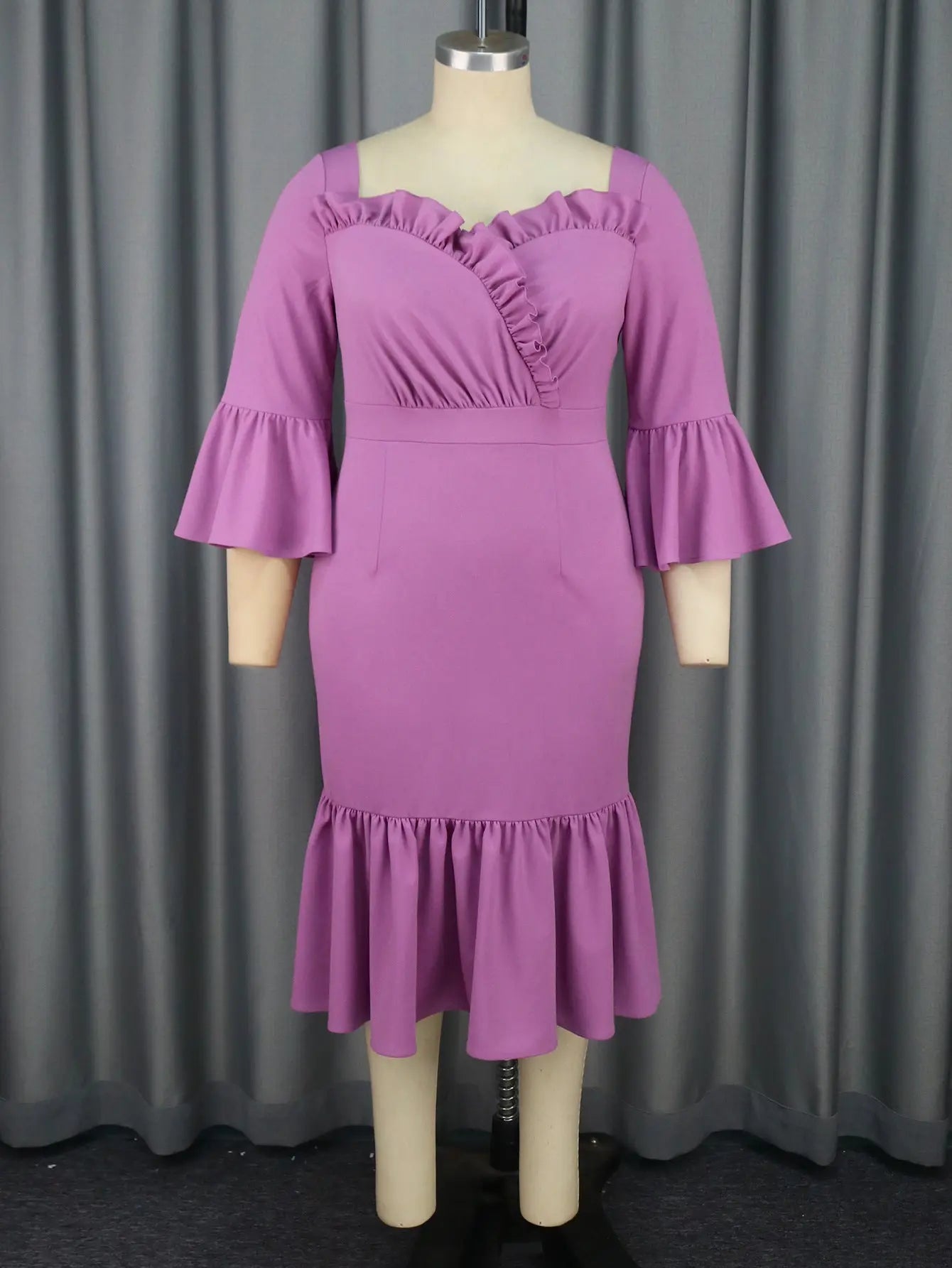 Purple Square Collar Flared Fishtail with Wooden Ears Elegant V Back Dresses Bella Mia