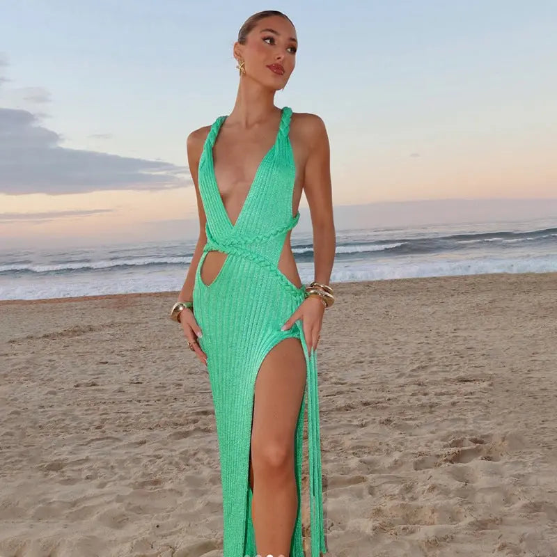 Women Clothing Summer Sexy Solid Color V neck Hollow Out Cutout Slim Knit Tassel Side Split Dress Bella Mia