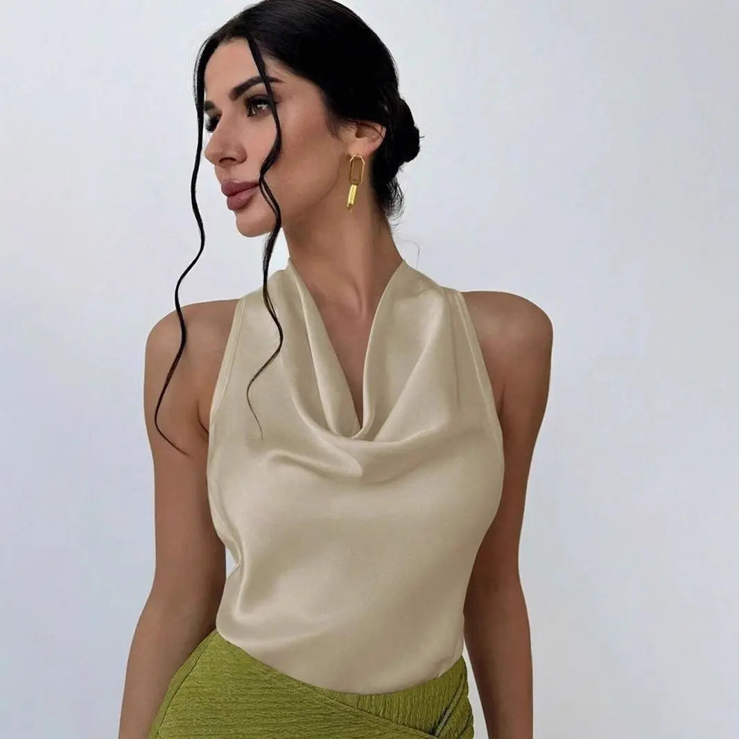 Elegant Satin Halter Tank Top Sleeveless With Cowl Neck And Tie Detail Bella Mia