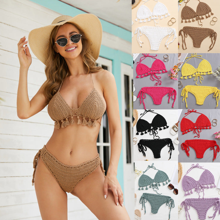 Beach Vacation Knitted Hand Crocheting Sexy Bikini Tassel Shell Strap Split Suit Multi-Color Optional Crochet hook Bella Mia