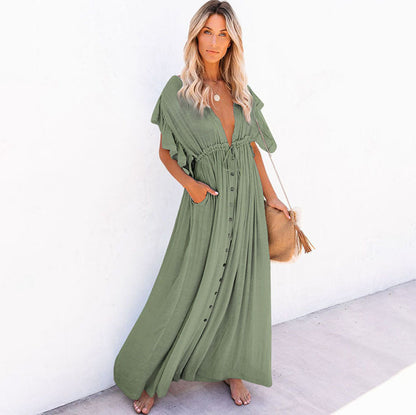 Single Breasted Waist Pull-Belt Beach Cover-up Sexy Backless Holiday Skirt Bikini Swimsuit Blouse