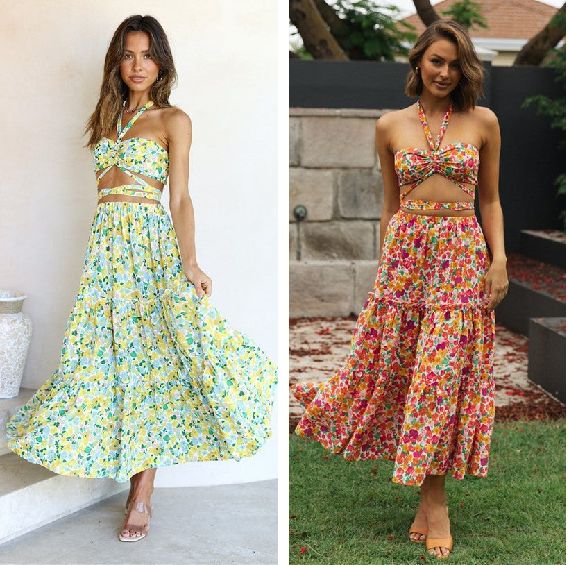 Spring Summer Sexy Halterneck Printed Tied Top Large Swing Dress for Women Floral Burst Bella Mia