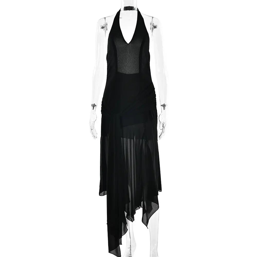 Summer Halter Chiffon See through Dress Sexy Deep V Plunge Ribbon Dress Bella Mia