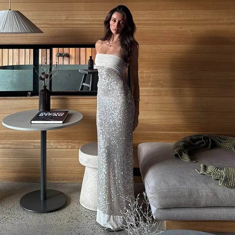 Sexy Tube Top Solid Color Slim Long Socialite Close-Fitting Sequ Dress Women Bella Mia