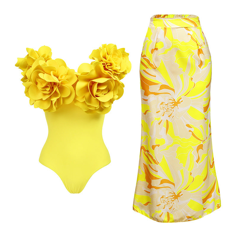Solid Color Swimsuit Yellow One Piece Swimsuit Women Three Dimensional Floral Skirt Set Swimsuit Bella Mia