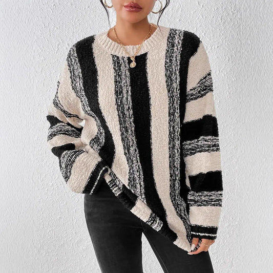 Color Block Long Sleeve Crew Neck Jersey Knit Sweater Loose Fit For Women Bella Mia