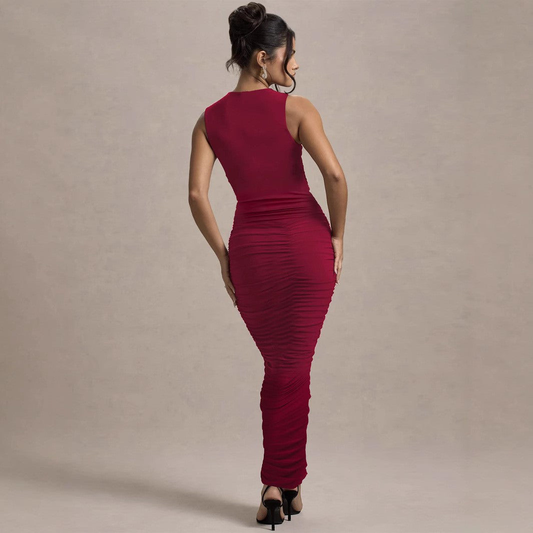 Autumn Winter Women Clothing Elegant Pleated Slim Sleeveless round Neck Sheath Dress Bella Mia