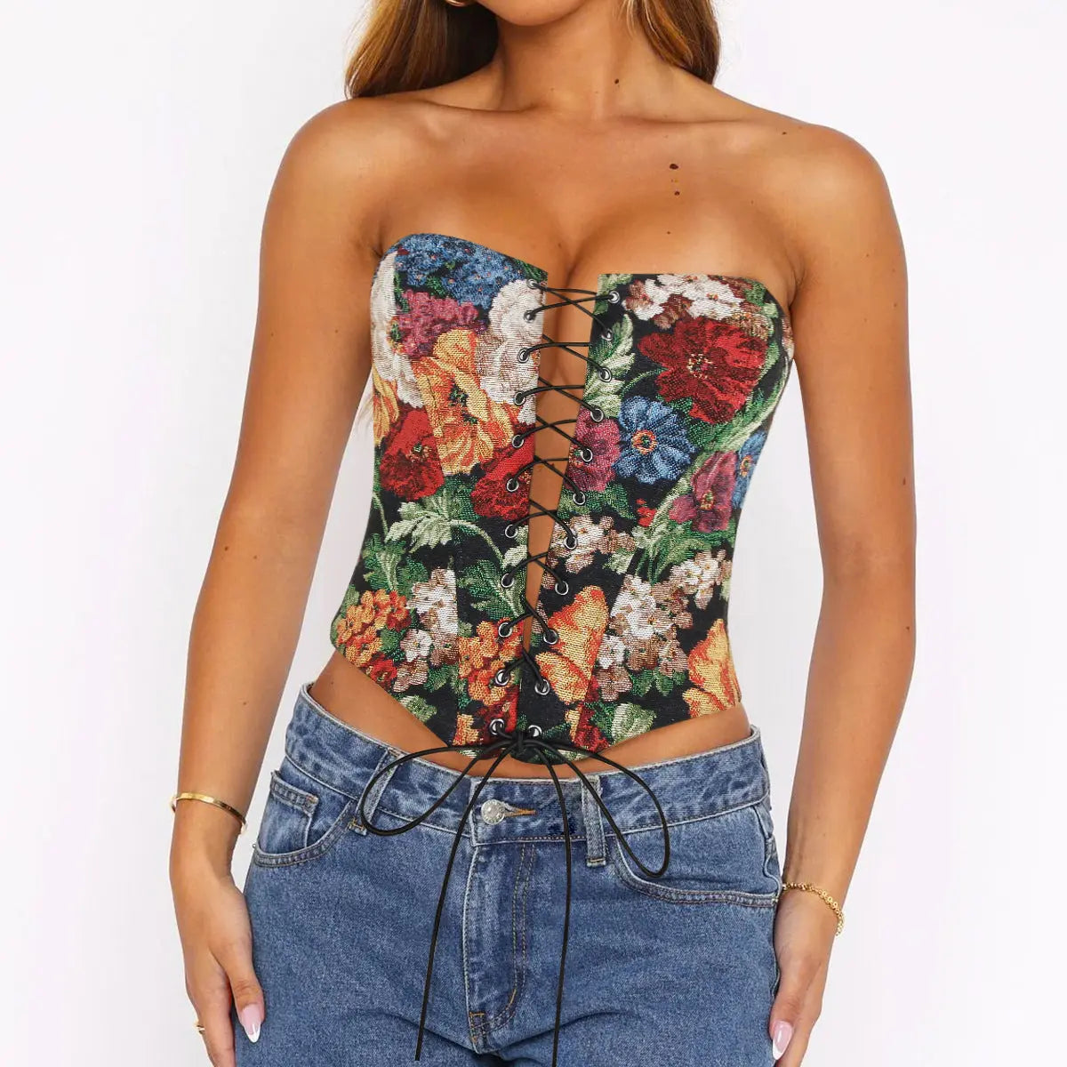 Floral Print Boning Tube Top Corset Lace Up Strapless Crop Top Bella Mia