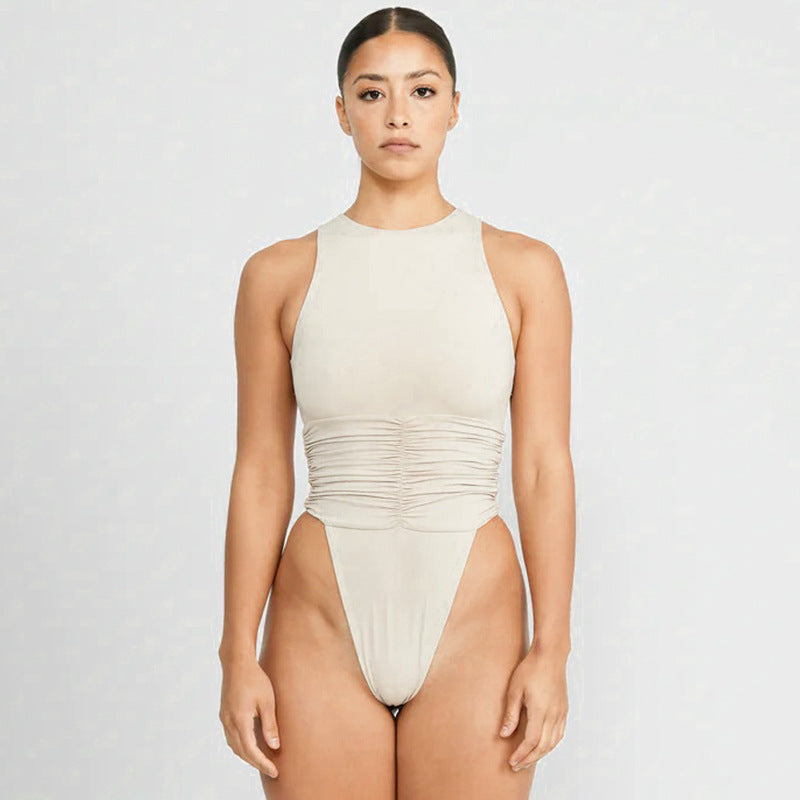 Women Clothing Summer Solid Color round Neck Sleeveless Back Zipper Hollow Out Cutout umpsuit for Women Bella Mia