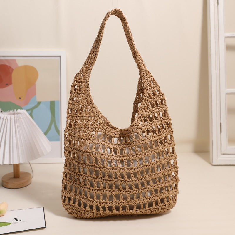 French Large Capacity Shoulder Straw Bag Hollow Out Cutout Tote Portable Straw Bag Woven Bag Seaside Vacation Beach Bag Bella Mia