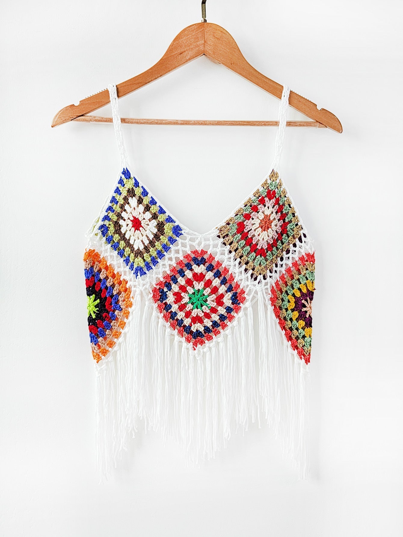 Women Clothing Women Top Pure Hand Crocheting Random Mixed Color Stitching Camisole Tassel Shirt Crochet Bella Mia