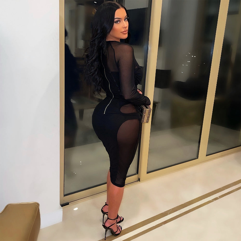 Women Clothing Sexy Mesh Stitching See through Tied Dress Women Bella Mia