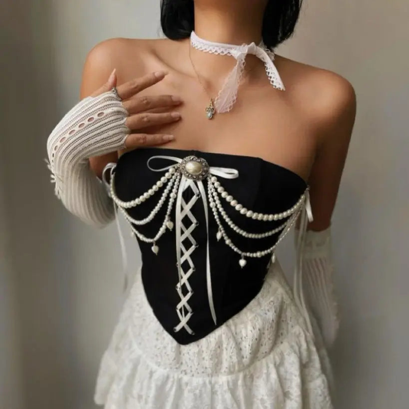 Sexy Christmas Vintage Velvet Stitching Pearl Chain off Shoulder Tube Top Boning Corset Bra Bella Mia