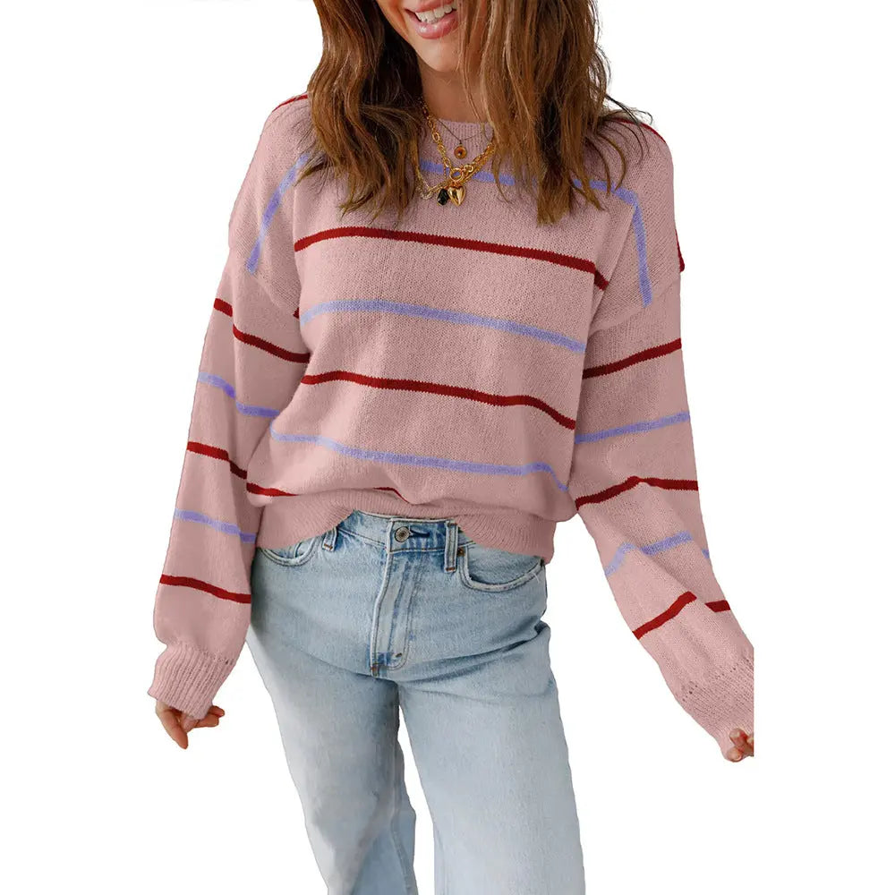 Women Casual Color Striped Pullover Long Sleeve Loose Sweater Crew Neck Bella Mia