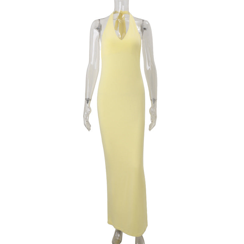 Women Clothing Summer Sexy V neck Halter Backless High Waist Slim Solid Color Dress Bella Mia