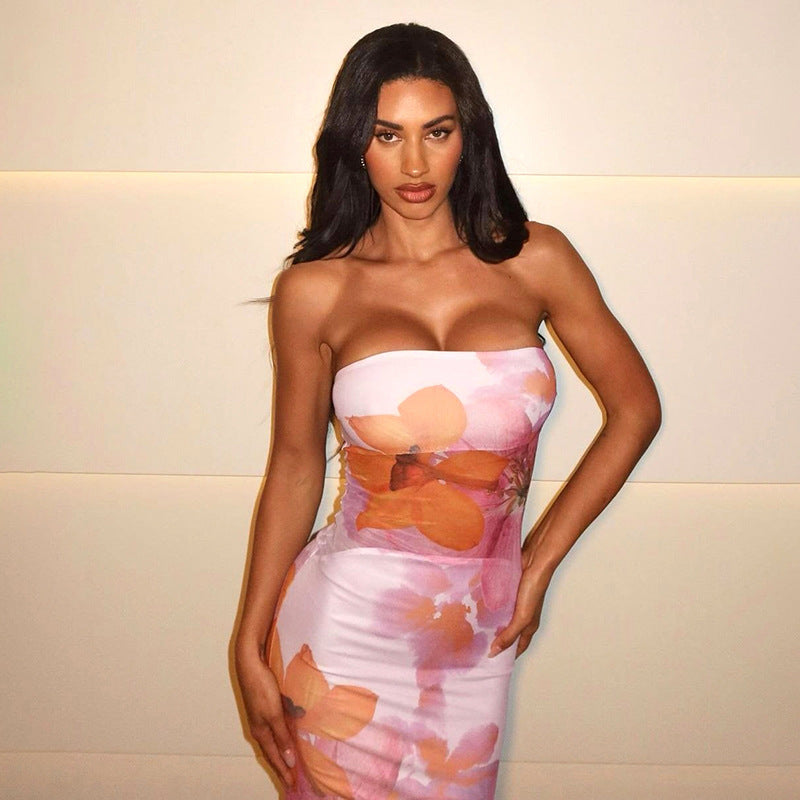 Women Clothing Tube Top Backless Floral Print Stitching Lining Sheath Dress Bella Mia