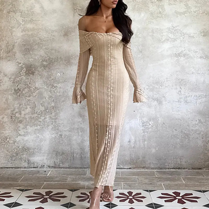Maxi Dress Waist Hip Jacquard off Shoulder Sexy Sexy Dress Bella Mia