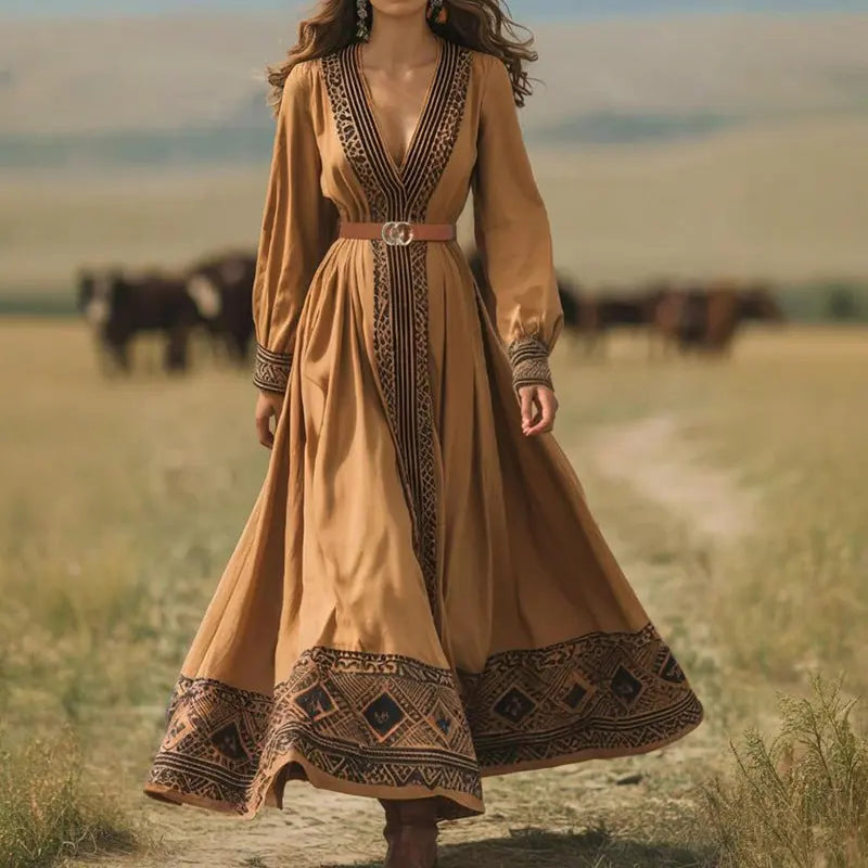 Autumn Women Long Sleeve Printed V neck Maxi Dress Bella Mia