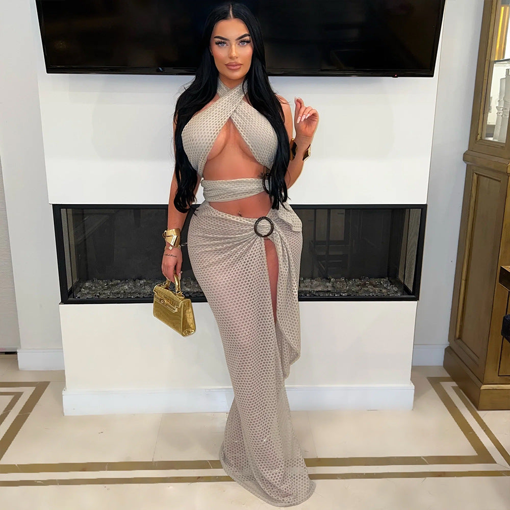 Sexy Halter Mesh Slim Fit High Slit Dress Women Solid Color Bella Mia