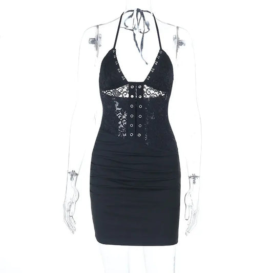 Sexy Lace Sling Dress Summer V neck Backless Lace up Sheath Dress Bella Mia