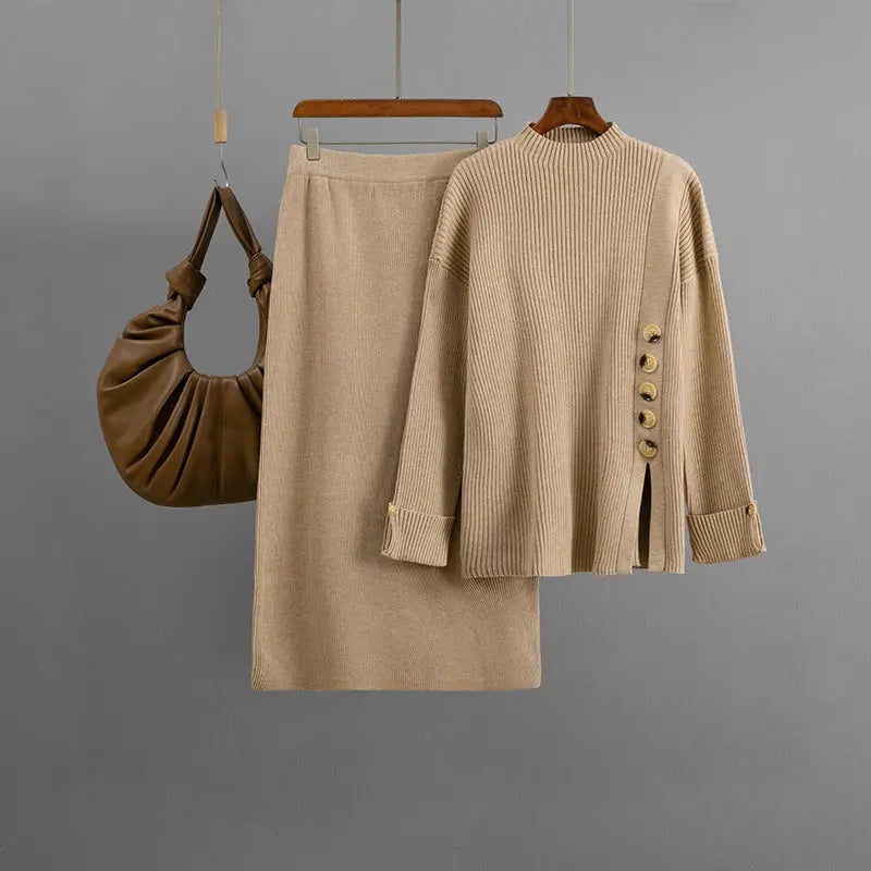Women Two Piece Jersey Sweater Skirt Set With Side Slit Button Decoration Bella Mia