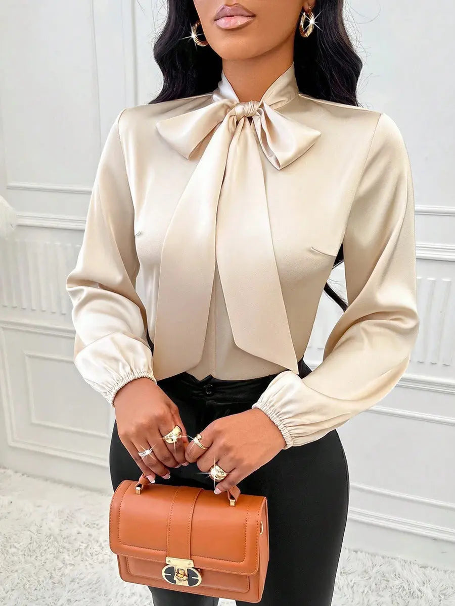 Women Clothing Autumn Satin Shirt Bow Long Sleeve Top Bella Mia