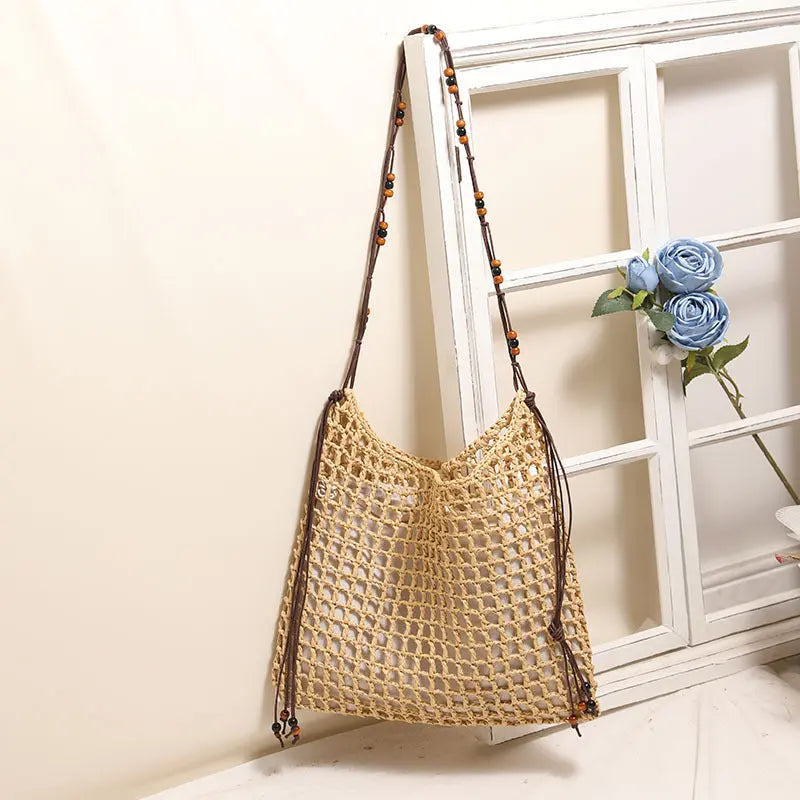Summer Straw Woven Bag With Lace Up Pattern For Women Beach Vacation Bella Mia