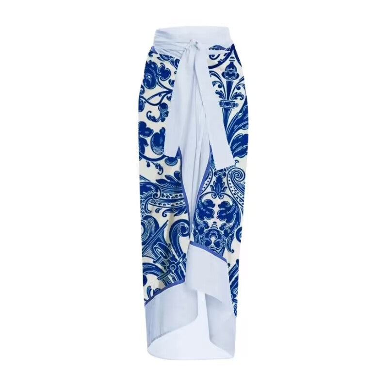 Lonkey Women Swimsuit Blue White Porcelain Printed Three Piece Split Swimsuit Women Bella Mia