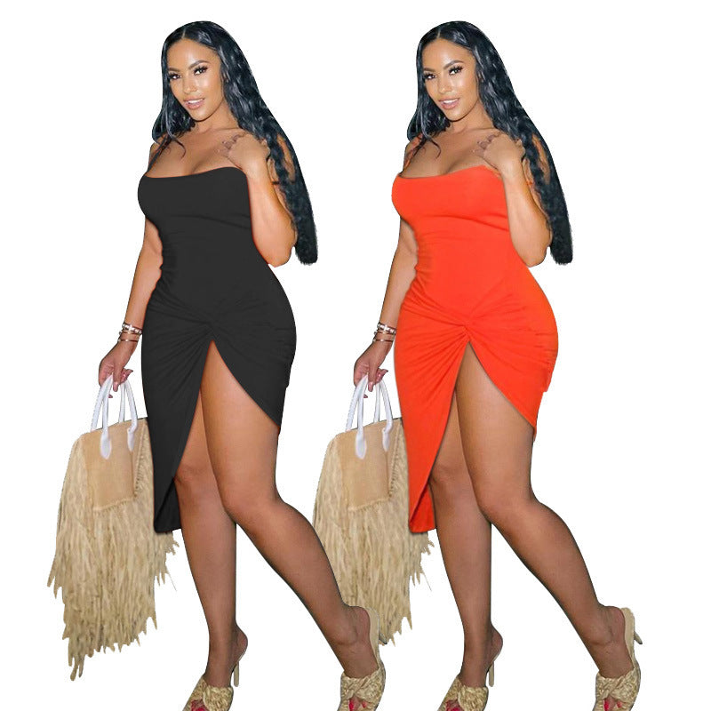 Dress Women Clothes -Selling Fashion Simple Solid Color Beveled Strap Dress Bella Mia