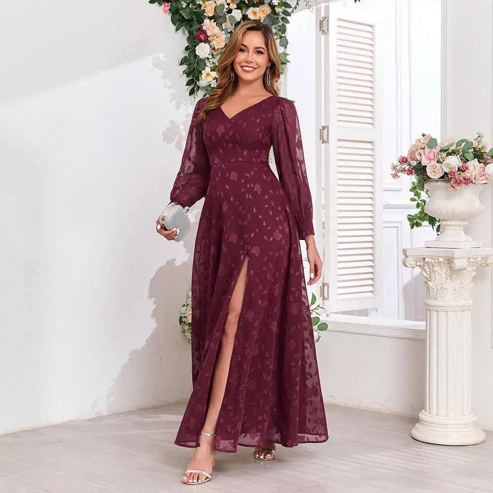 Autumn Quality Long Sleeve Double V neck High Slit Lace Dress Fully Lined Party Back Skirt with Zipper Bella Mia