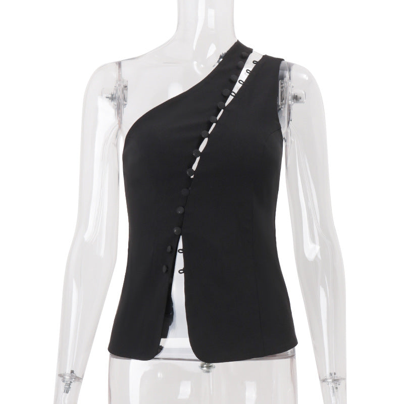 Women Clothing Summer Diagonal Collar Hooks Sexy Sleeveless Vest Bella Mia