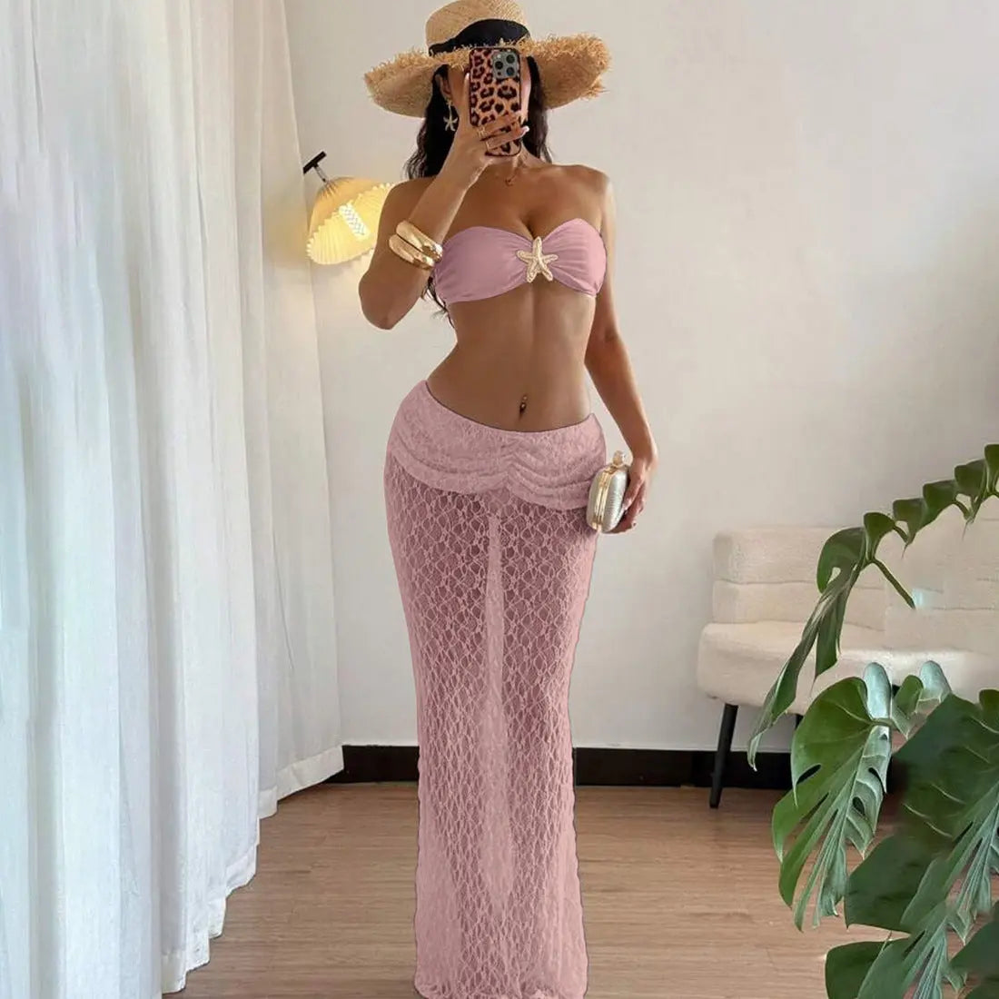 Summer Women Clothing Solid Color Sexy Lace up Tube Top Lace Maxi Skirt Two Piece Set for Women Bella Mia