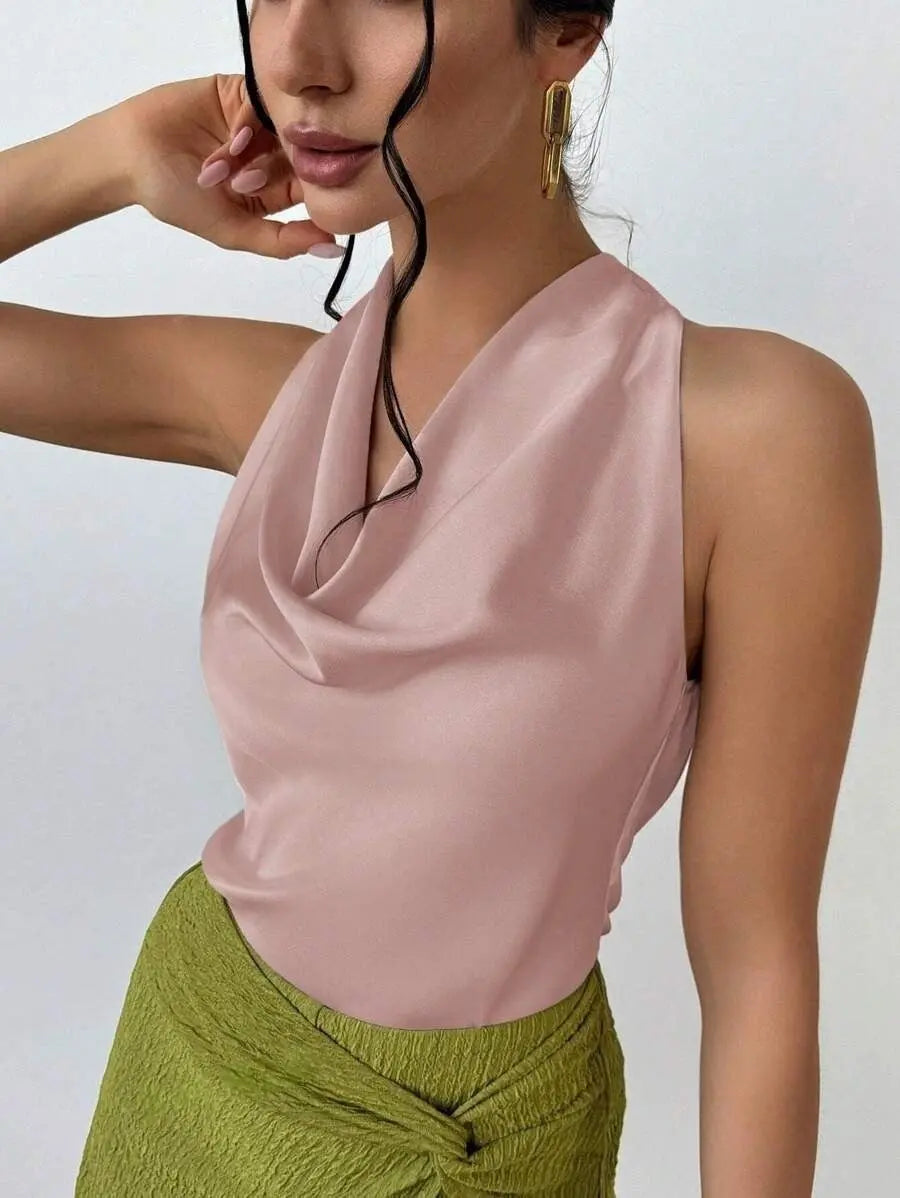 Elegant Satin Halter Tank Top Sleeveless With Cowl Neck And Tie Detail Bella Mia