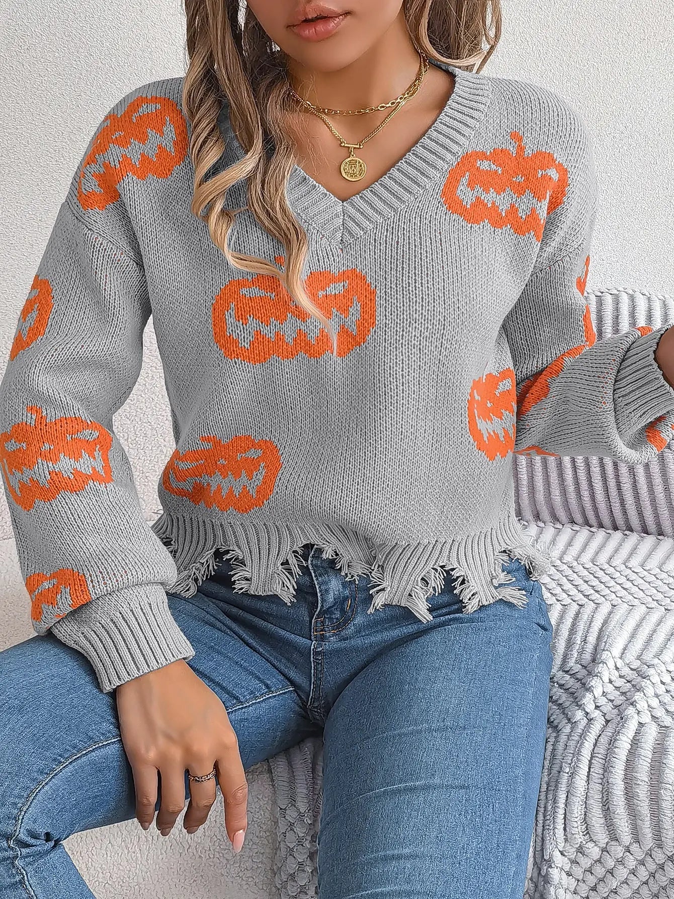Autumn Winter Halloween Contrast Color Pumpkin Cut Rotten Long Sleeve Pullover Women Clothing Bella Mia