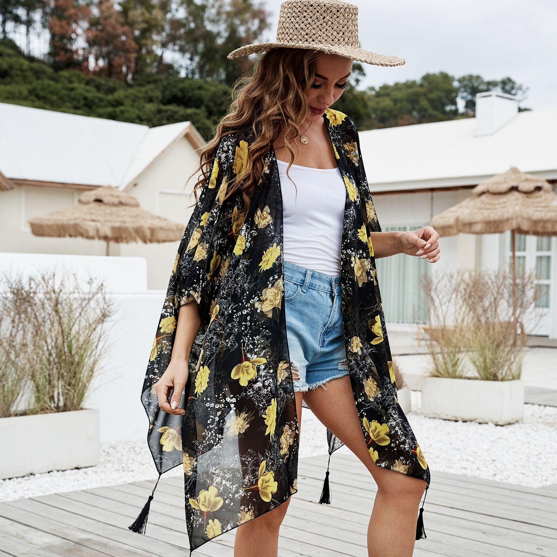 Summer Colorful Floral Print Tassel Sunshade Casual Sun Proof Sun Protection Clothing Mid Length Blouse Bella Mia