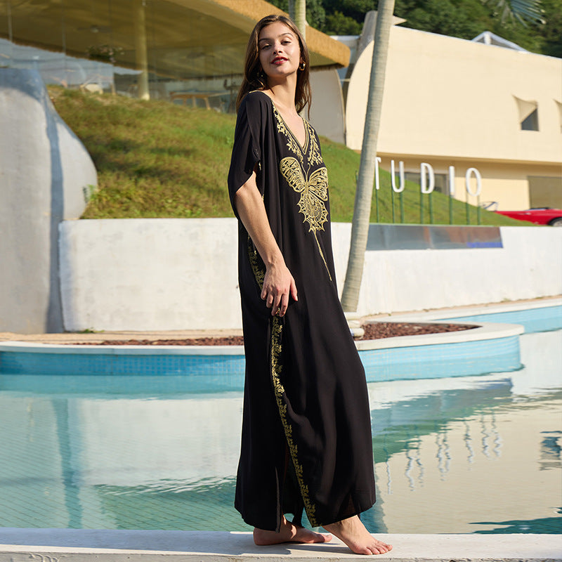 Rayon Embroidered Holiday Dress Women Loose Beach Long Robe Swimsuit Outwear Blouse Sun Protective Clothing Bella Mia