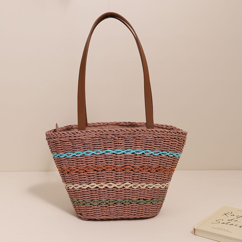 Colorful Striped Shoulder French Straw Bag Large Capacity Woven Bag Women Seaside Vacation Beach Bag Bella Mia