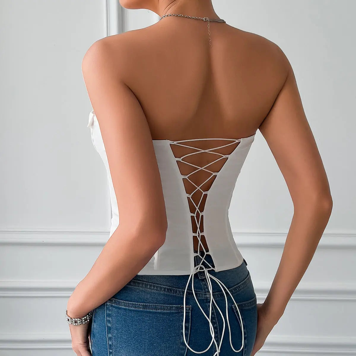 Sexy Strapless Boning Tube Top With Lace Up Solid Color Satin Polyester Bella Mia