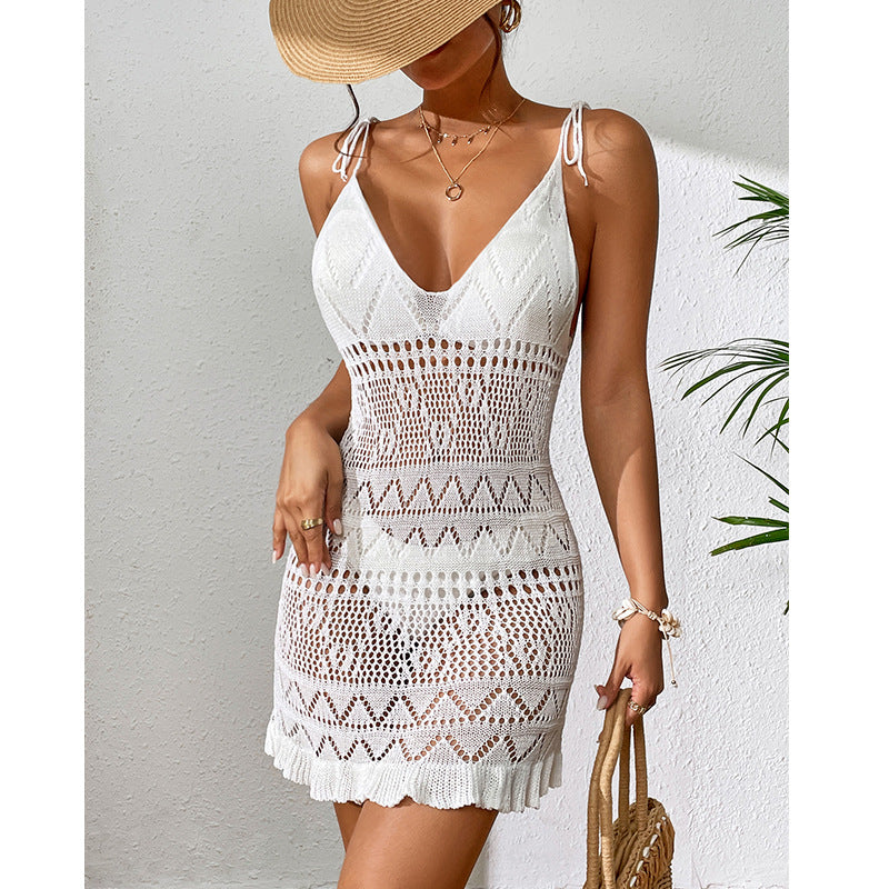 Women Clothing Short Knitted Sling Deep V Plunge See through Sexy Hollow Out Cutout Floral Hem Jumpsuit Knitted Beach Dress Crochet hook Bella Mia