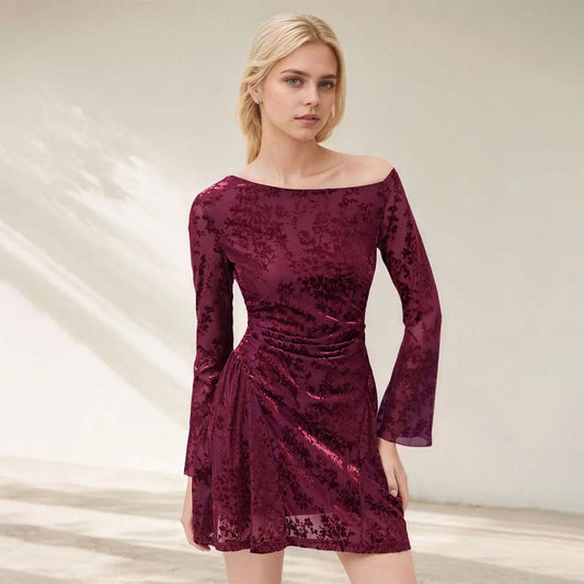 Elegant Floral Ruched Long Sleeve A Line Dress Polyester For Spring Bella Mia